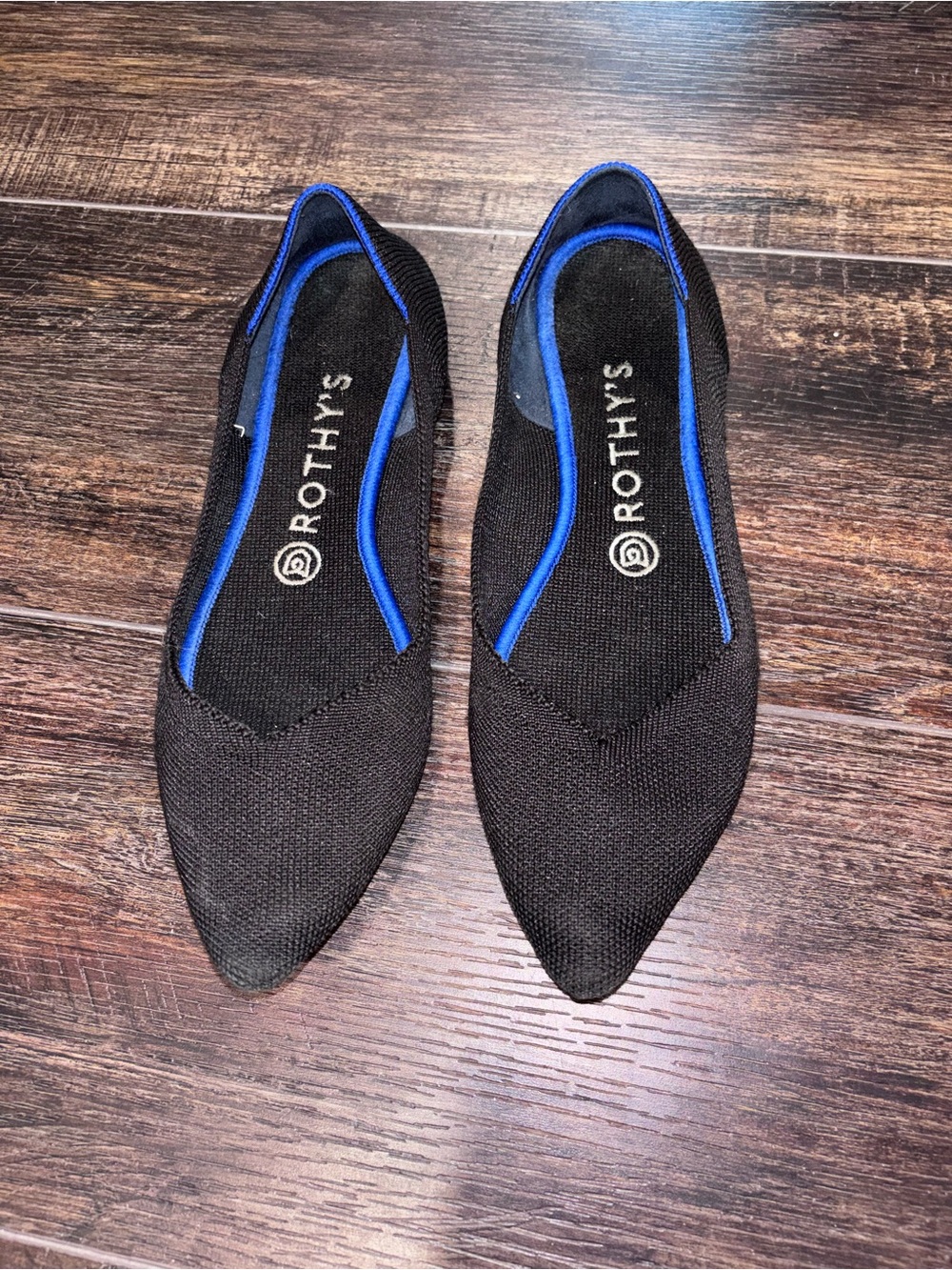 Rothy's Black Pointed Knit Flats with Blue Trim Accent